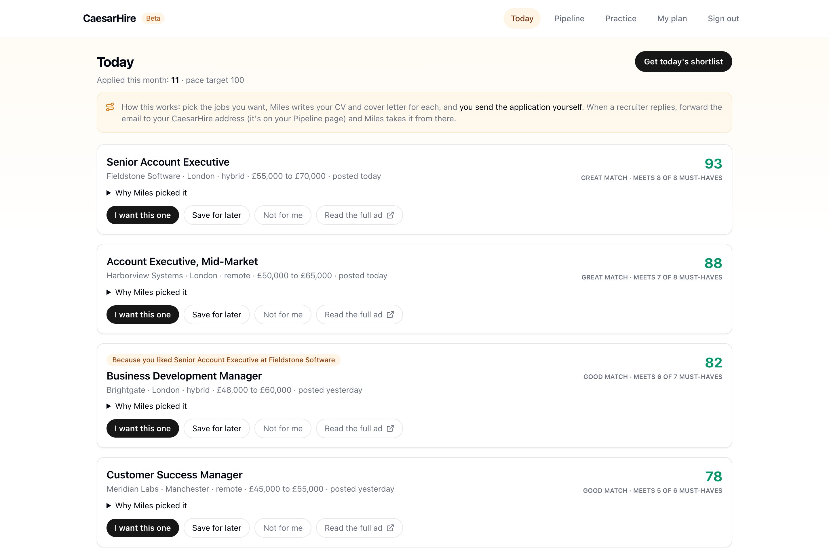 The CaesarHire Today screen: a scored daily shortlist with the reasons on show