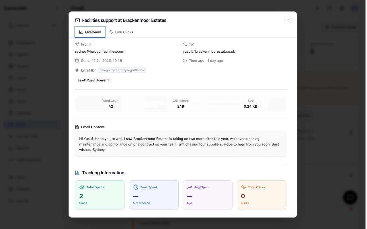 A personalised agent-written outreach email with open tracking