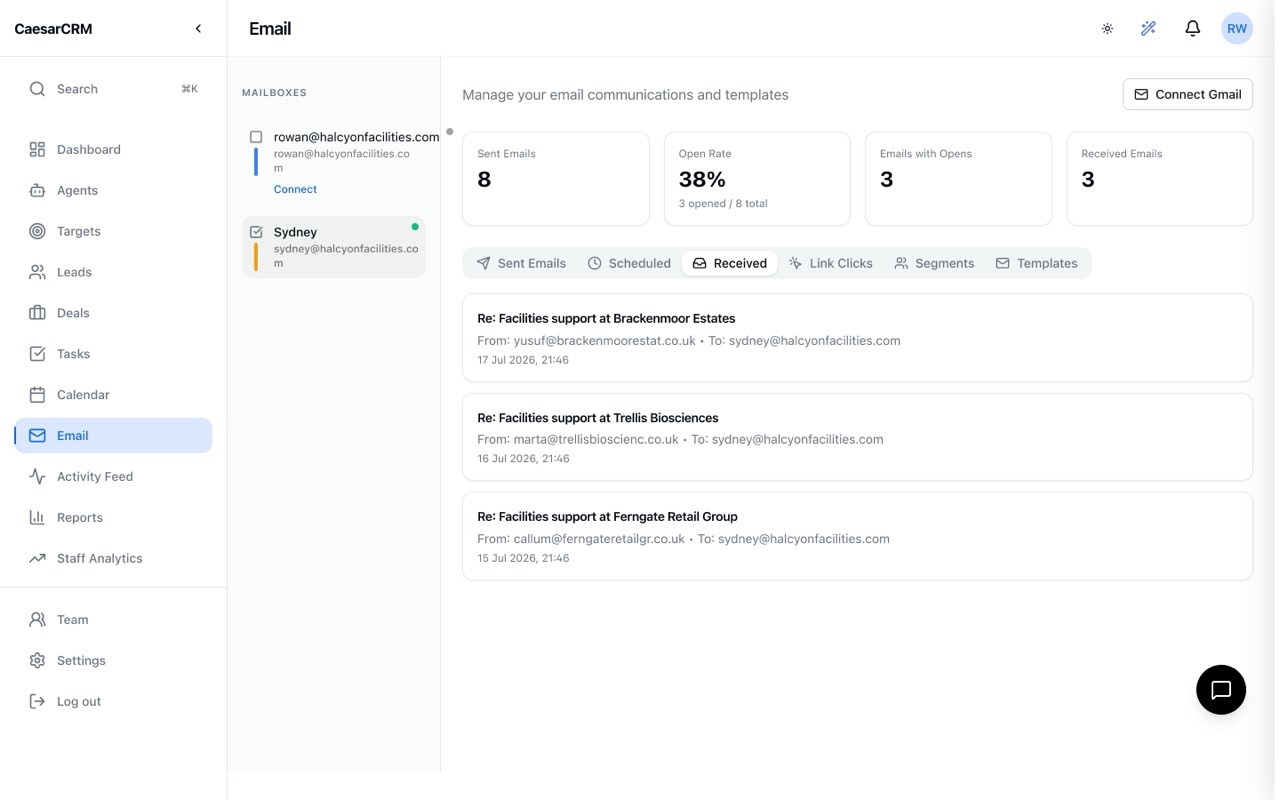 Prospect replies to agent outreach arriving in the CaesarCRM inbox