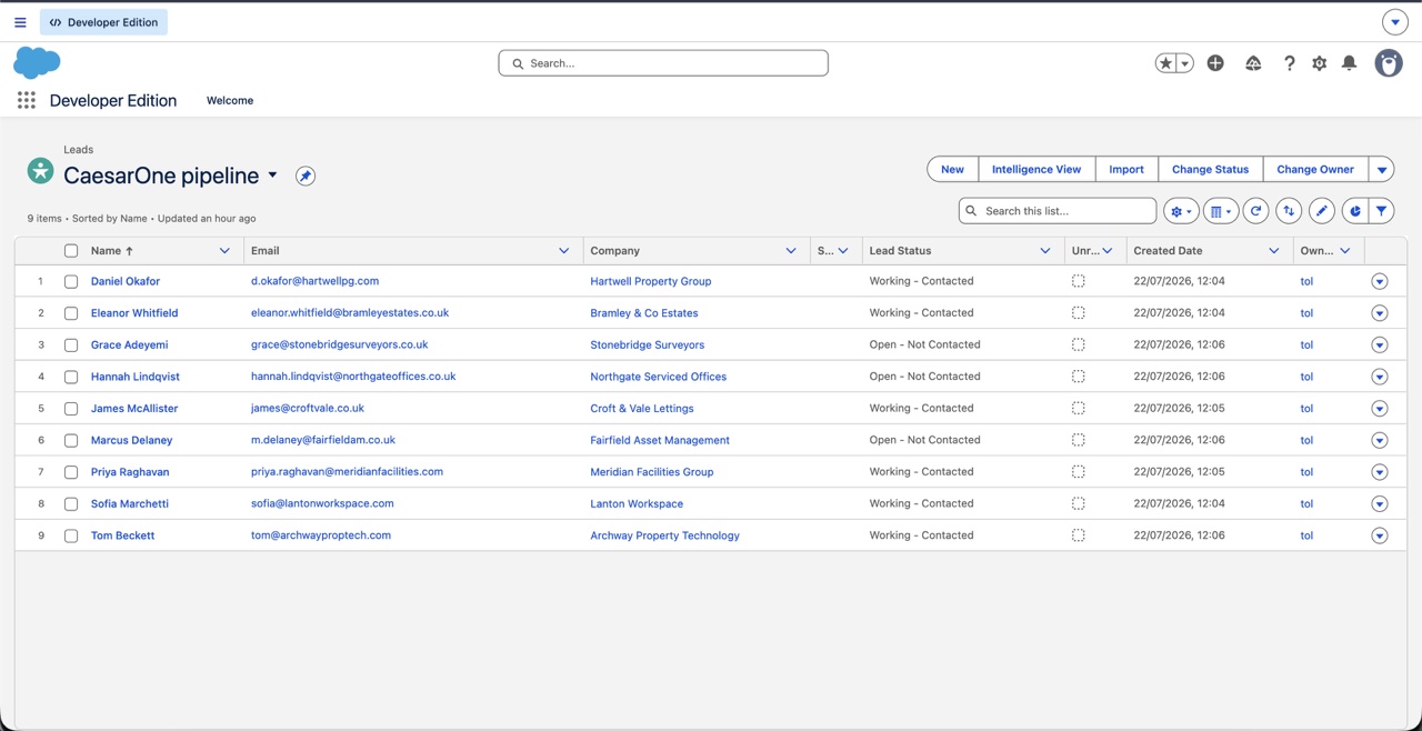 Salesforce lead list showing leads moving from Open to Working as the agent contacts them