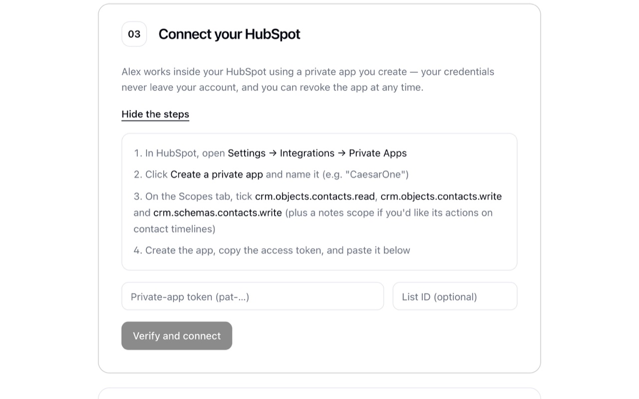 Connecting HubSpot on the CaesarOne setup page, with a 60-second private-app guide