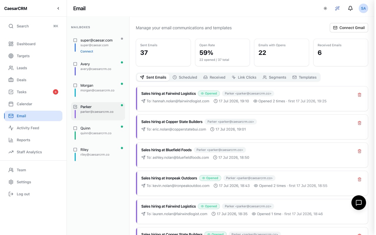 Tracked sent emails with open rates in CaesarCRM