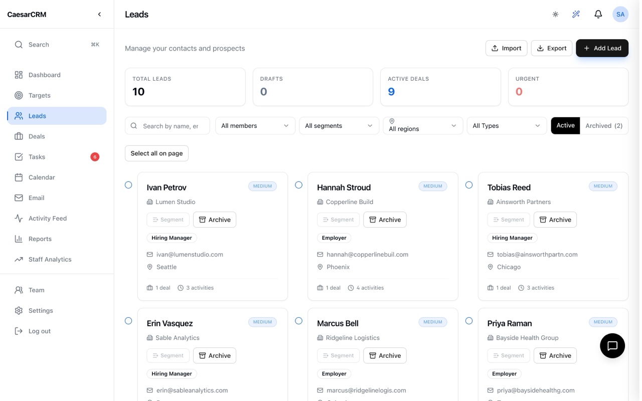 The CaesarCRM leads view with contact cards