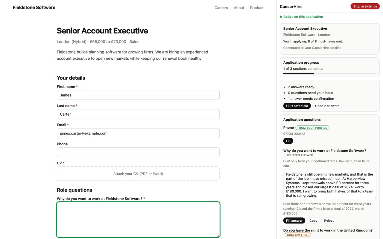 The CaesarHire panel suggesting answers for an application form, each waiting for approval.