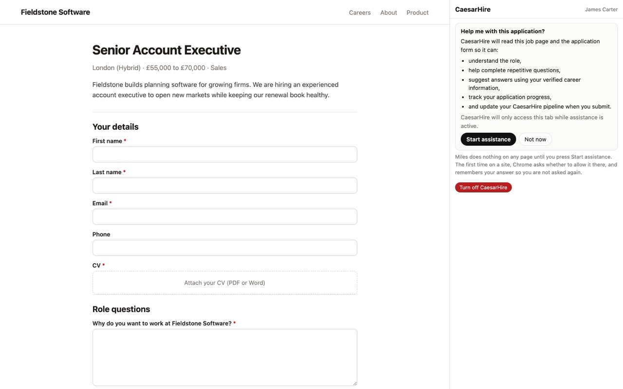 A job application form with the CaesarHire panel alongside, waiting to be started.