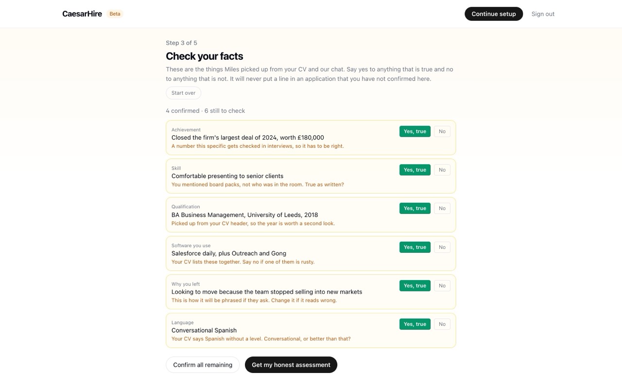 The fact check screen: claims picked up from a CV and interview, each with a yes or no.