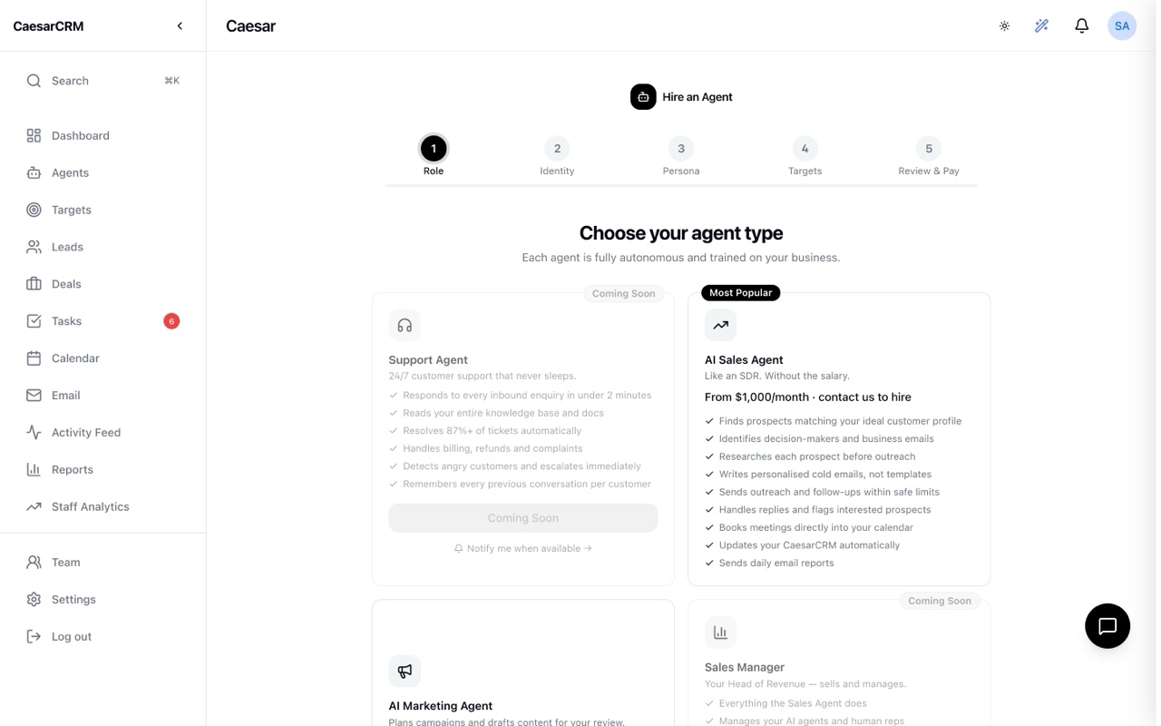 Hiring an AI sales agent in CaesarCRM