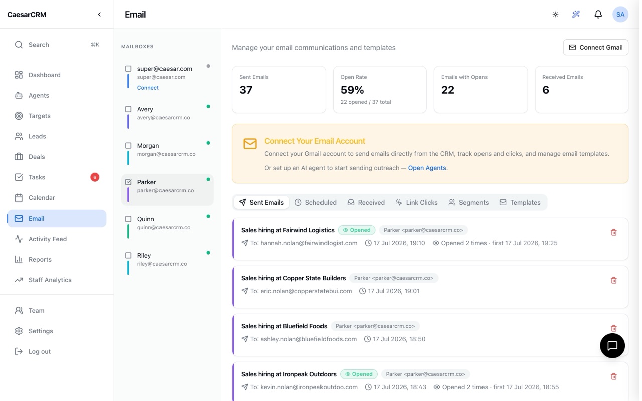 Agent-sent outreach emails with open tracking in CaesarCRM