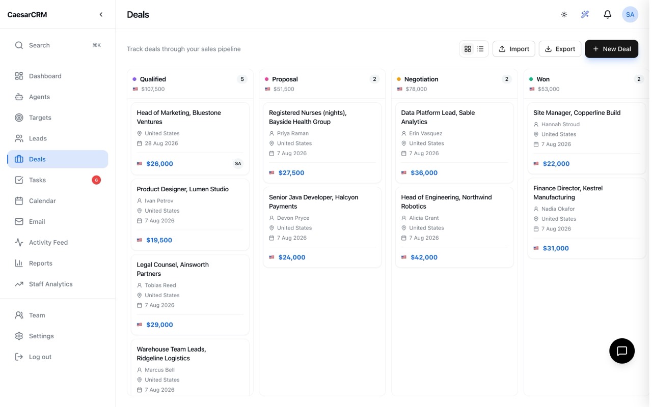 The CaesarCRM deals board with opportunities moving through the pipeline