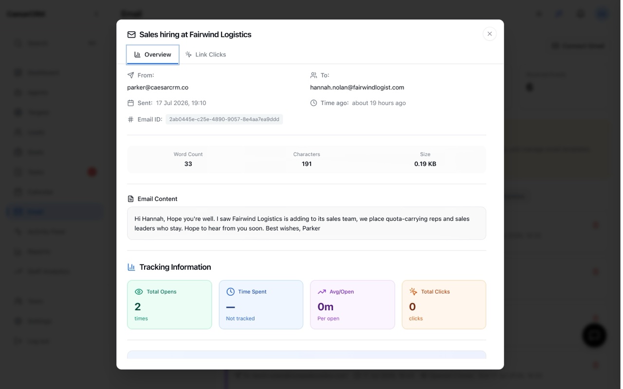 A personalised agent-written email with open tracking in CaesarCRM